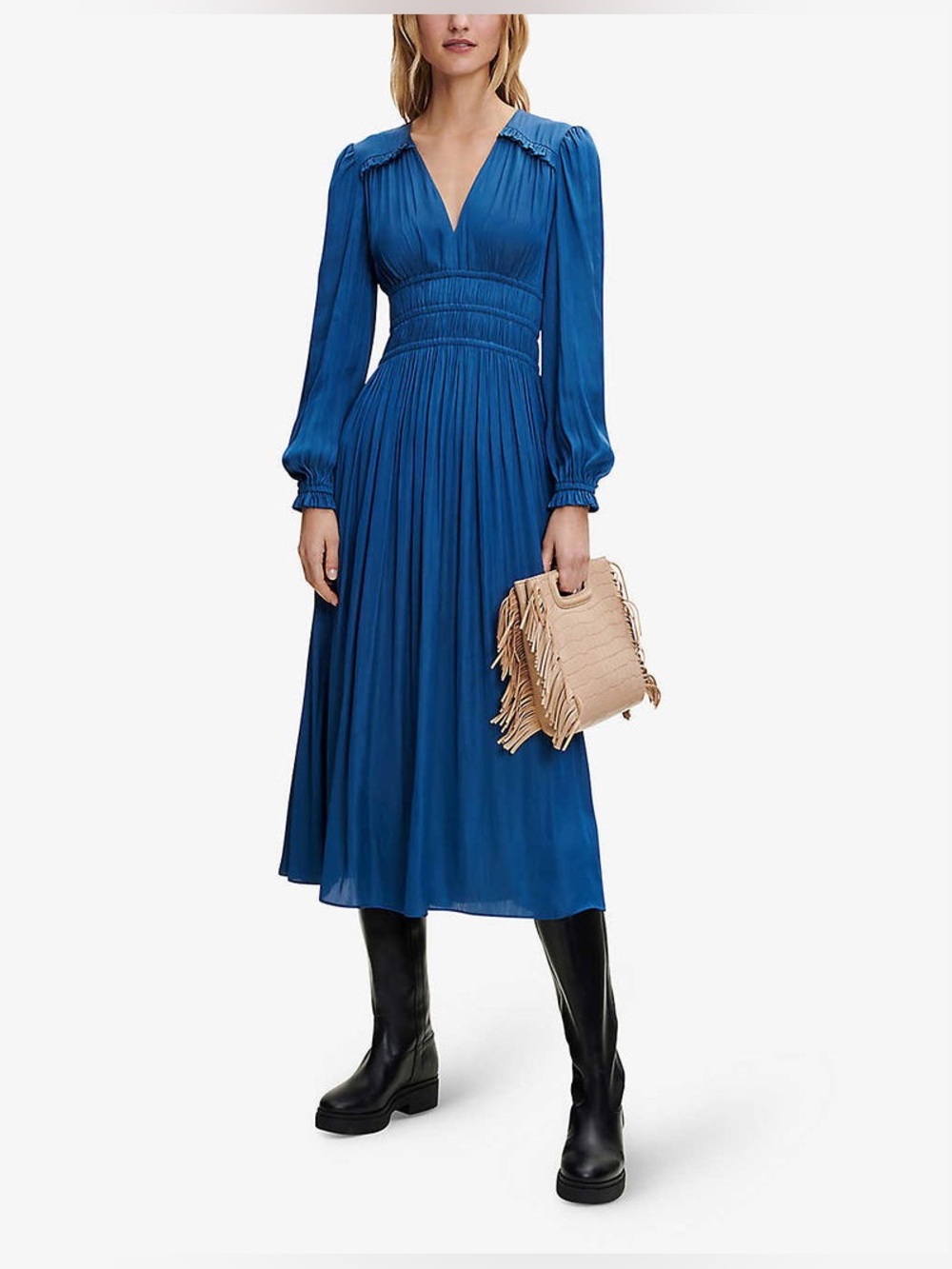 Maje Riannette V-Neck Pleated Midi Maxi Dress Blue Long Sleeve Elegant